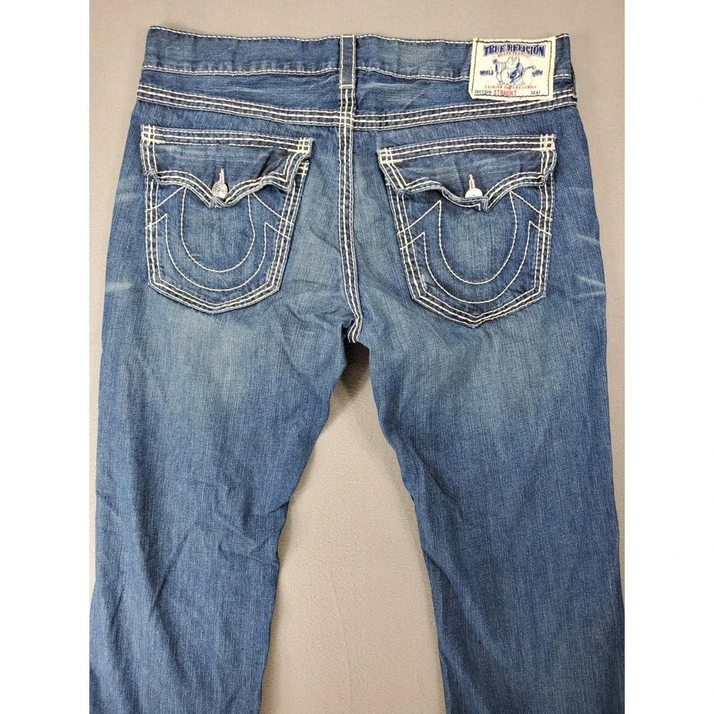True Religion Straight Jeans Mens 38x33 Blue Big T Stitch Flap‎ Pocket USA Made